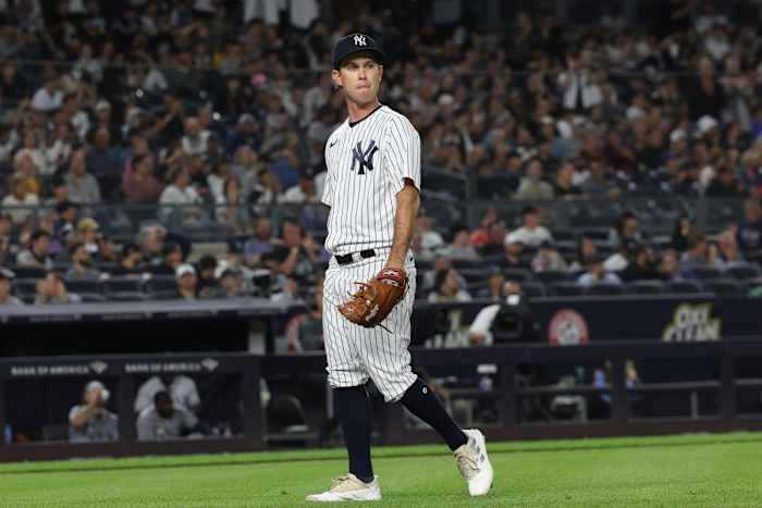 New York Yankees RP Ryan Weber walks off mound at Yankee Stadium